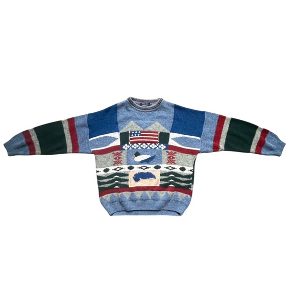 Vintage Austin Reed - Crewneck Americana Wool Sweater Cottage Grandpa Blue Large - Picture 4 of 5